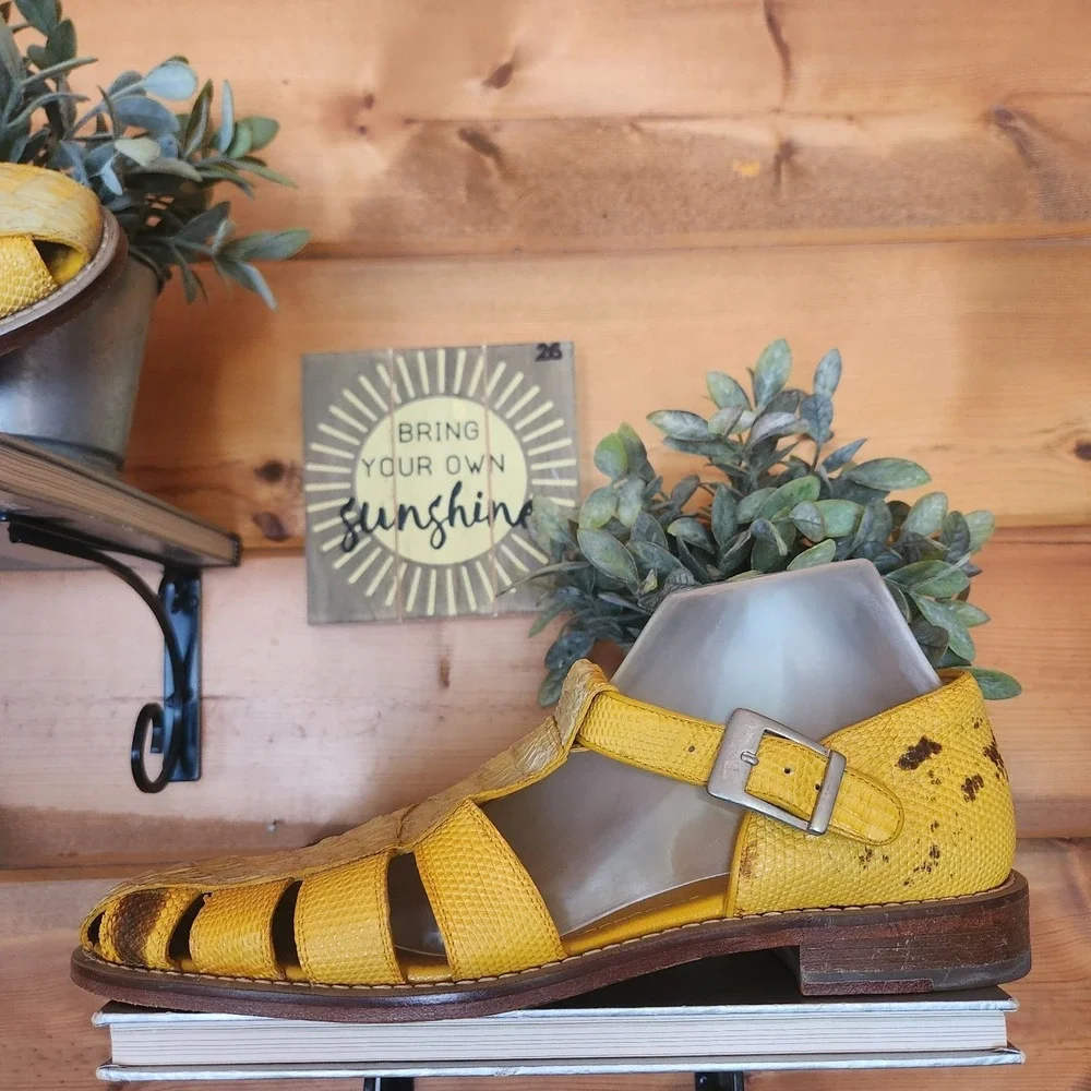 Belvedere Fabrizio Yellow Crocodile Lizard Leather Exotic Fisherman Sandals 9.5